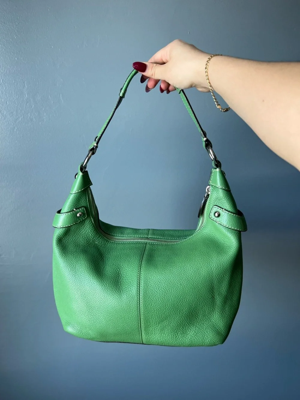 Coach Green Pebbled Leather Shoulder Bag with Silver Hardware - Picture 2 of 5